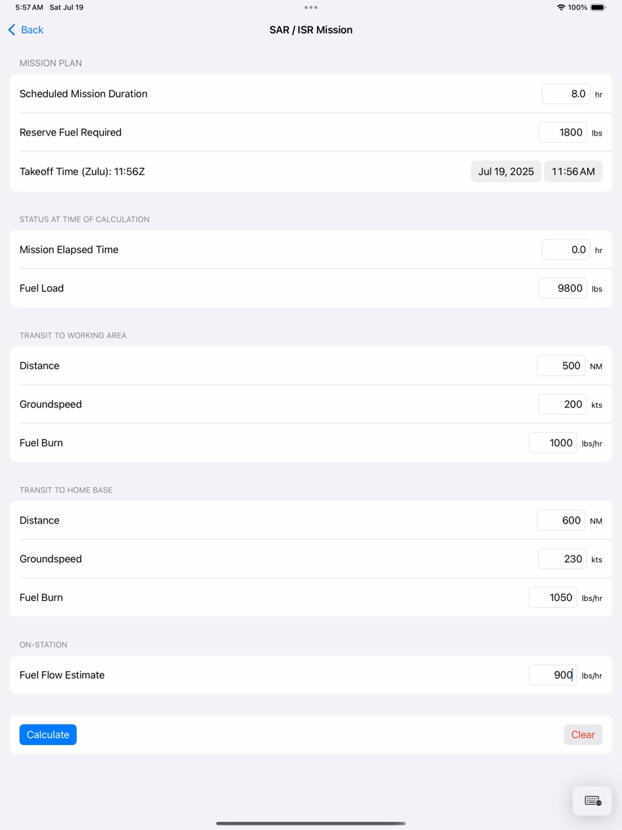 The SAR / ISR Mission planner in E6Bvd on an iPad